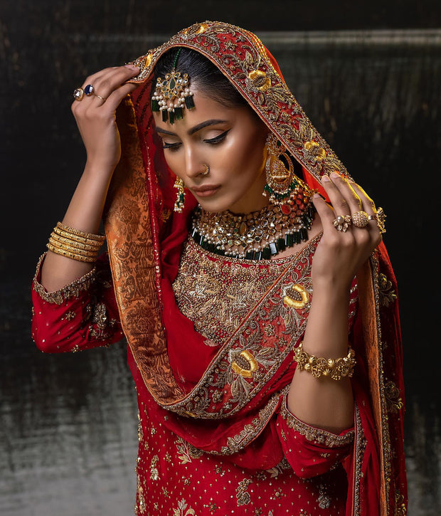Red Bridal Dress in Farshi Lehenga Kameez