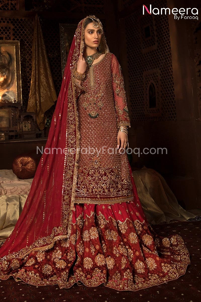 Pakistani Dress In India 2026.Royal Red Bridal Lehenga Pakistani with Long Shirt Online - Nameera by ...