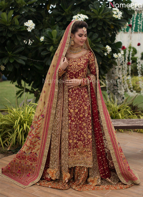 Pakistani Long Shirt Lehenga Bridal Dress in Red and Pink – Nameera by ...