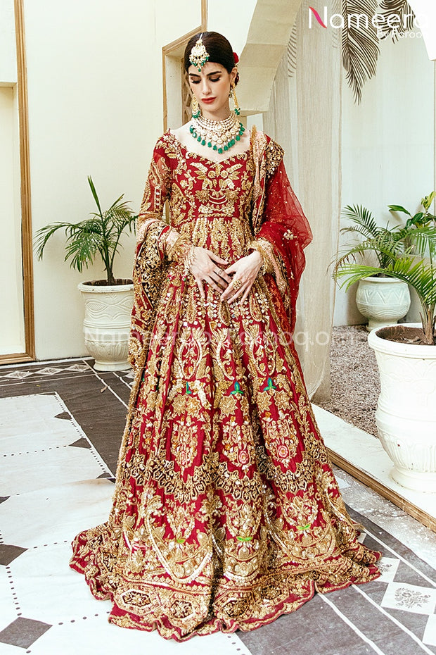 red and gold wedding dress pakistani Gold & Red Bridal Dress Pakistani in Lehenga Gown Style is an epitome of tradition and royalty to have a magnificent appearance at the wedding. Hand-crafted embellishments and golden work on this