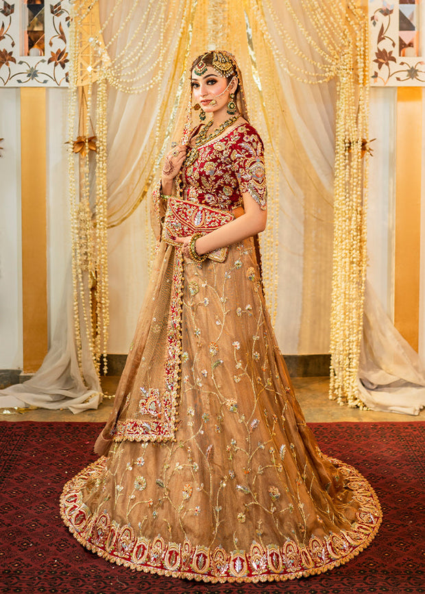 red golden pakistani bridal dresses Gold Pakistani Bridal Dress in Gown and Lehenga With Red Dupatta UY Collection