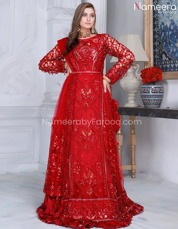 Embroidered Net Red Dress Design in Pakistan PS210