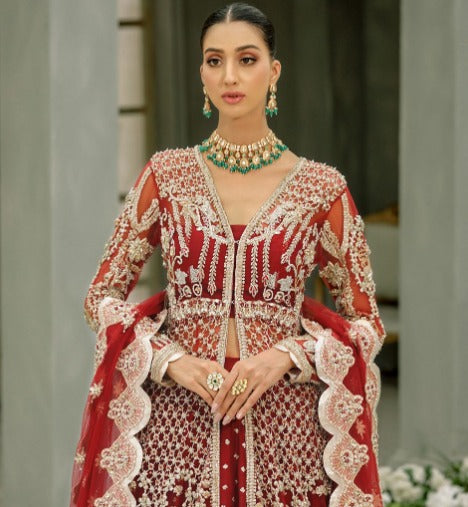 Red Front Open Gown Lehenga Pakistani Wedding Dress 2023
