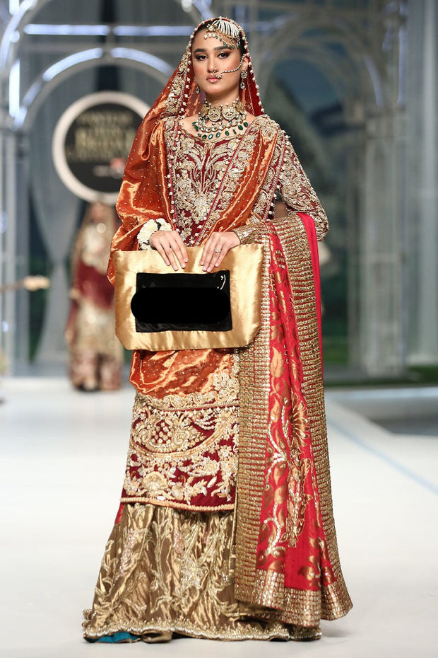 Red Kameez GoldenLehenga for Pakistani Bridal Dress