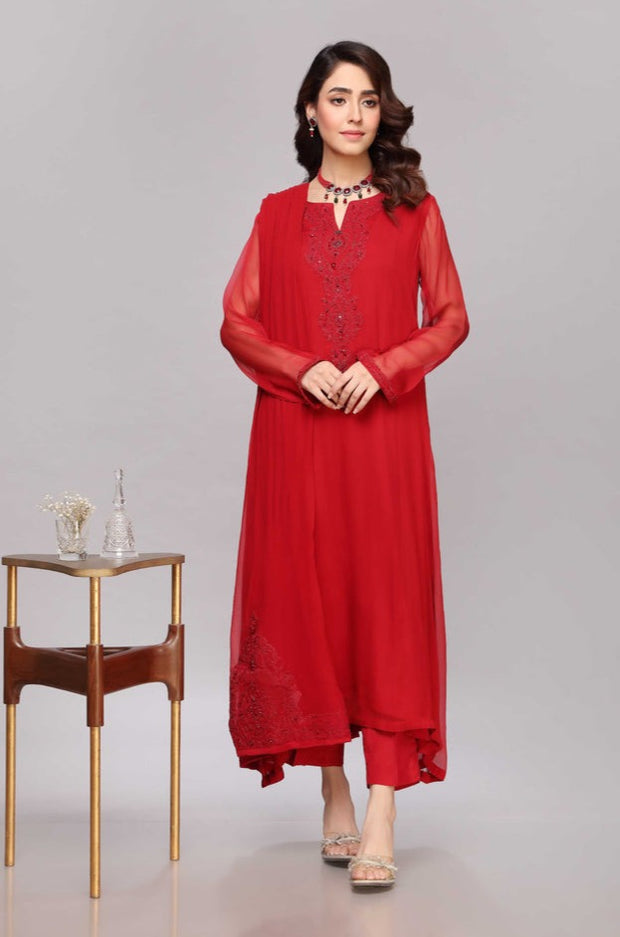 Red Kameez Trouser and Dupatta Pakistani Party Dress