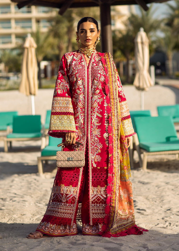 Red Lawn Kameez Yellow Dupatta for Pakistani Party Wear