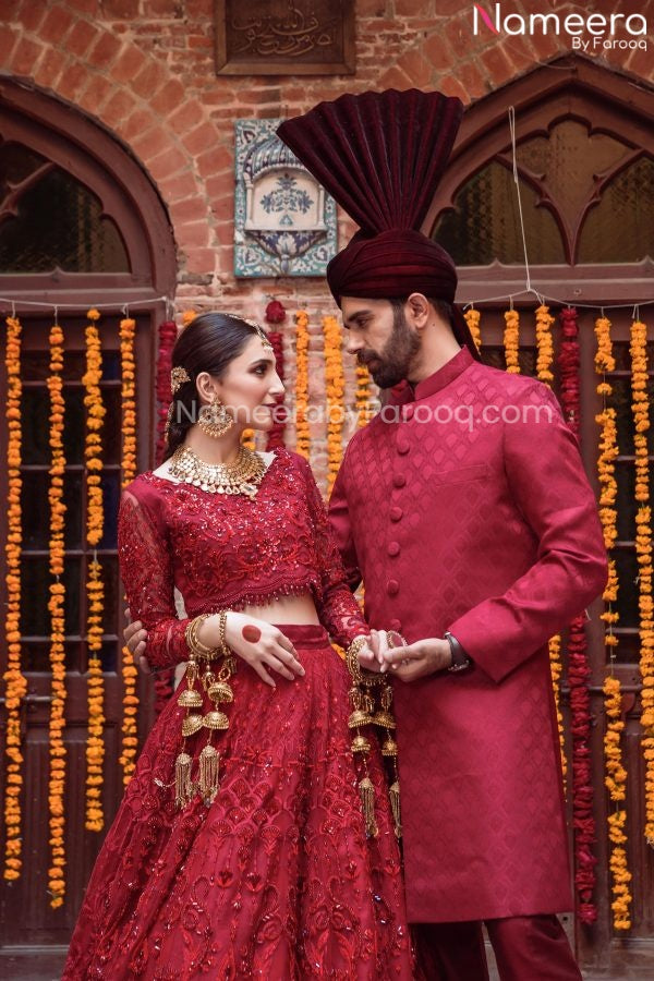 red lehenga matching groom dress Sherwani groom with red lehenga