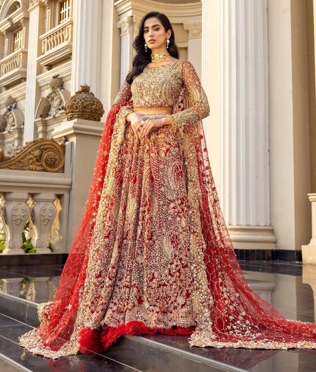 Elegant Red Pakistani Bridal Dress - Lehenga Choli & Dupatta