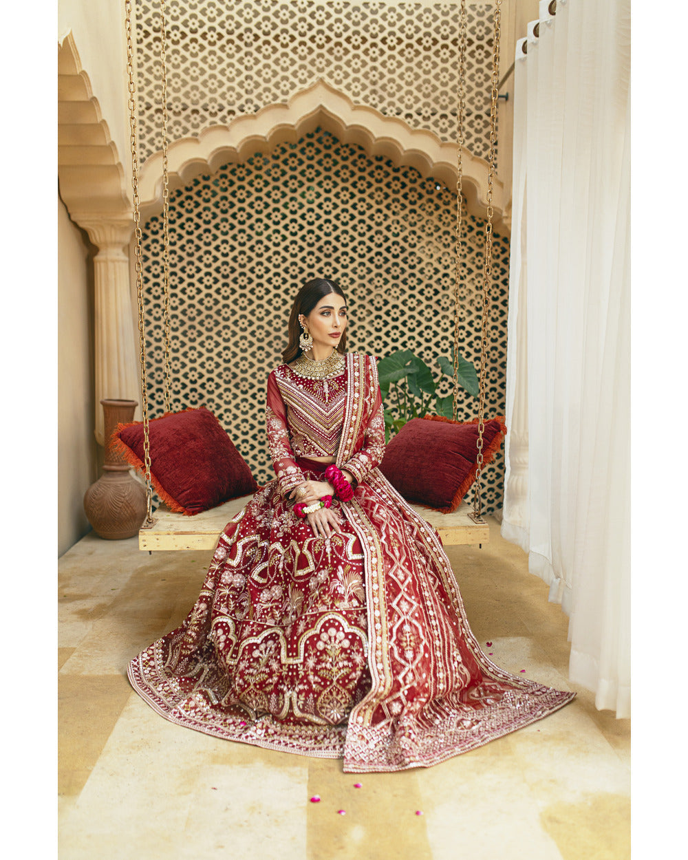 Red Lehenga Choli and Dupatta Pakistani Wedding Dress Online