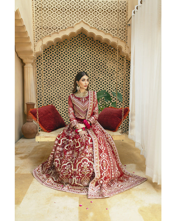 Red Lehenga Choli and Dupatta Pakistani Wedding Dress Online