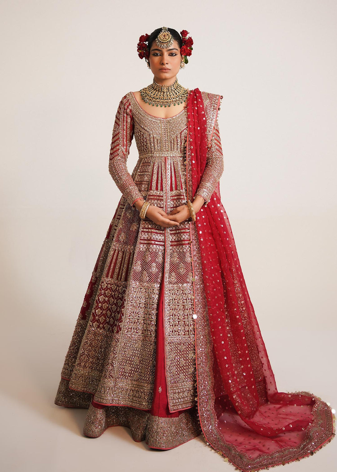 Elegant Red Pakistani Bridal Lehenga Dress with Dupatta