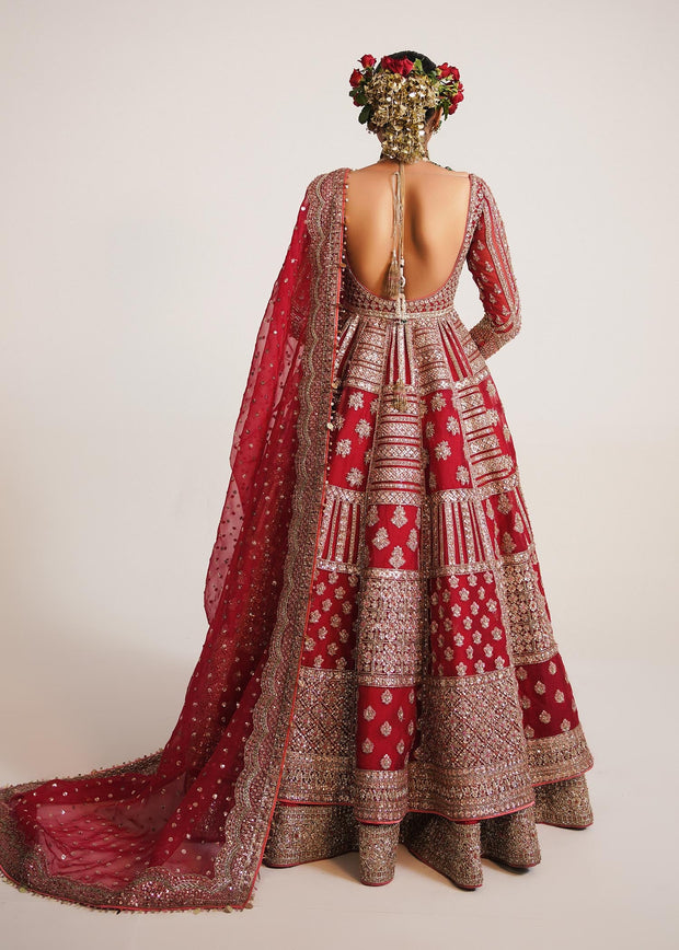 Red Lehenga Frock and Dupatta Pakistani Bridal Dress Online