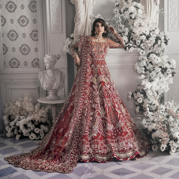 Red Lehenga Gown Dress for Pakistani Bridal WearGolden Red Lehenga Gown Dress for Pakistani Bridal Wear