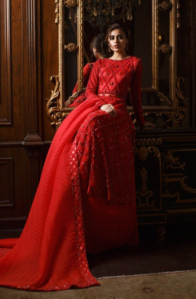 Stunning Red Pakistani Bridal Lehenga Gown with Dupatta