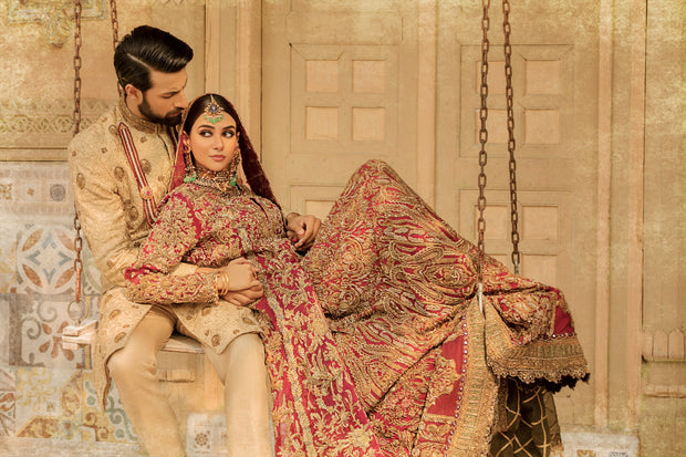 Red Lehenga with Golden Work Pakistani Wedding