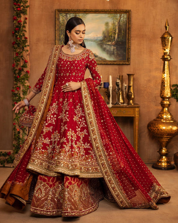 Red Pakistani Bridal Dress in Lehenga and Frock Style