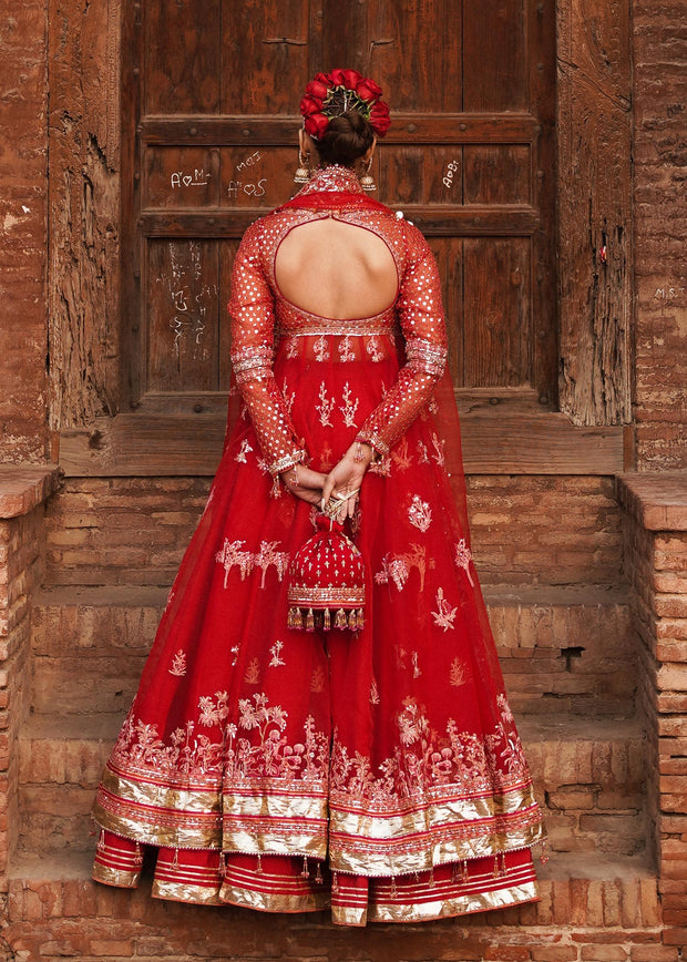 Red Pakistani Bridal Dress in Pishwas Sharara Style