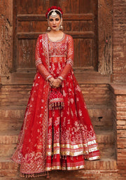 Red Pakistani Bridal Dress in Pishwas and Sharara Style