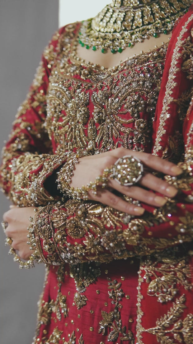 Red Pakistani Bridal Dress in Sharara Kameez Dupatta Style