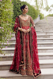 Red Pakistani Bridal Gown with Dupatta Dress in Net