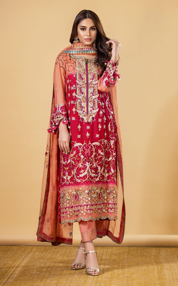 Red Pakistani Wedding Dress in Kameez Trouser Style