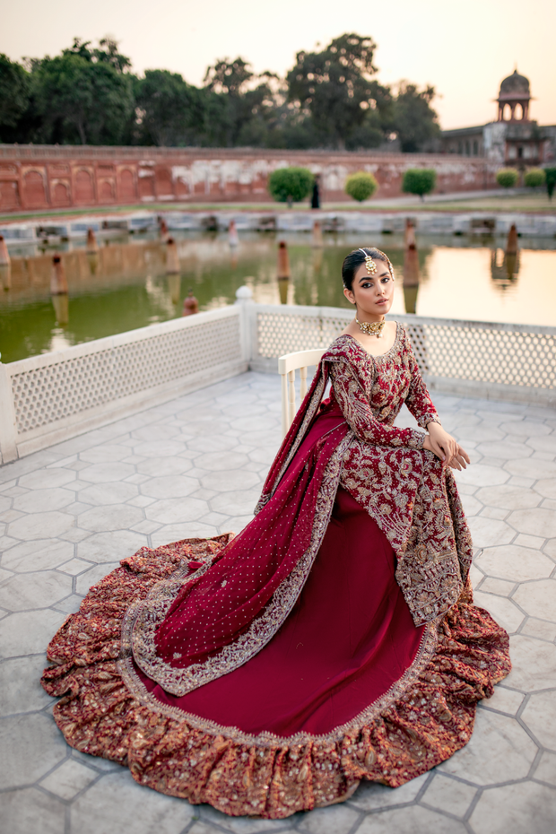 Red Raw Silk Lehenga Shirt Pakistani