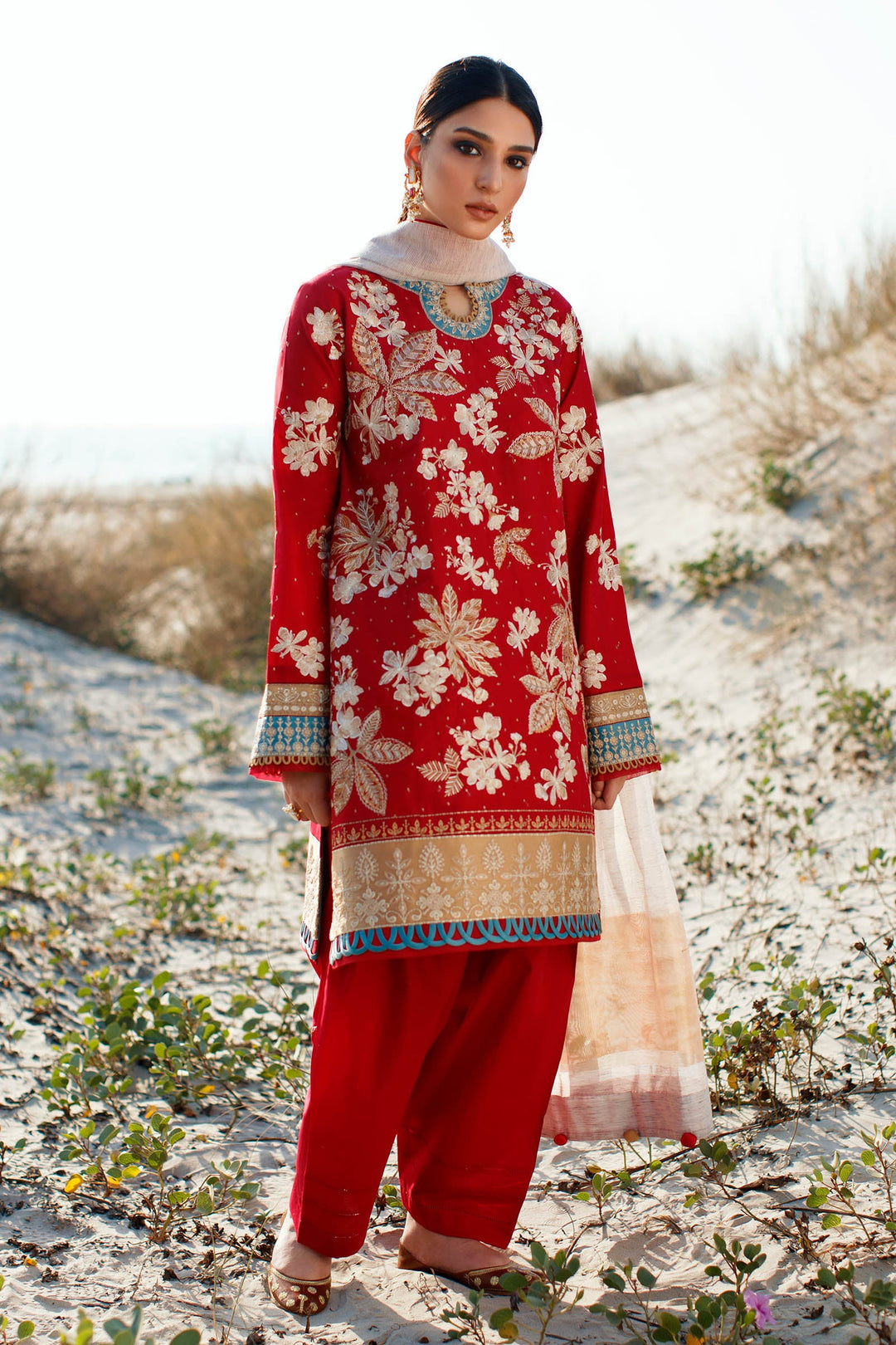 Designer Red Salwar Kameez Pakistani Eid Dress in Premium Lawn Nameera by Farooq