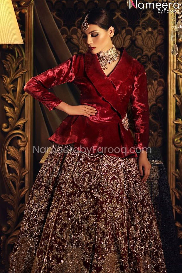Red Velvet Bridal Lehenga with Jacket