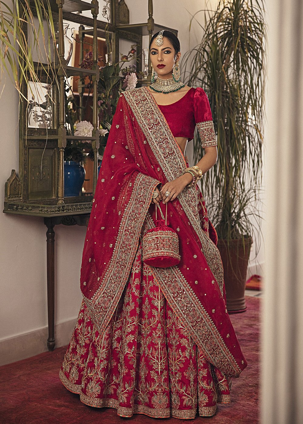 Red Velvet Choli with Heavy Lehnga