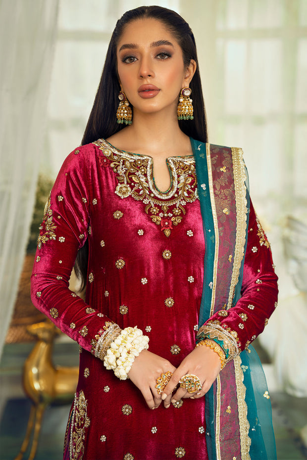 Red Velvet Long Kameez Salwar Pakistani Wedding Dress