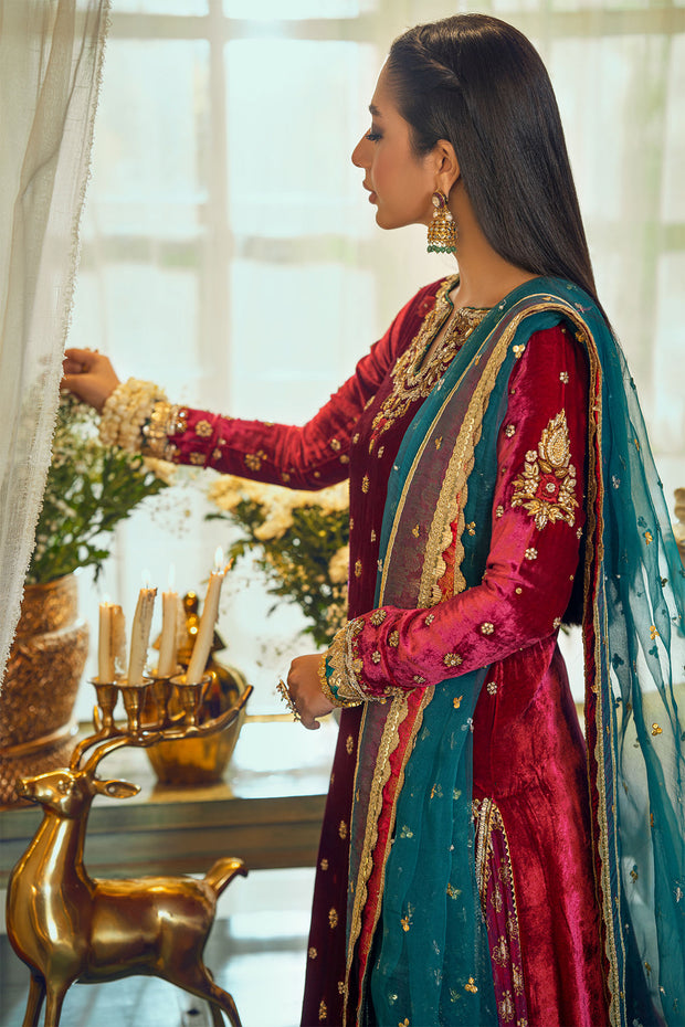 Red Velvet Long Kameez Salwar Pakistani 