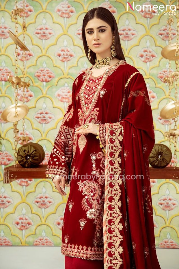 Red Velvet Salwar Kameez Pakistani Wedding Dress PN33