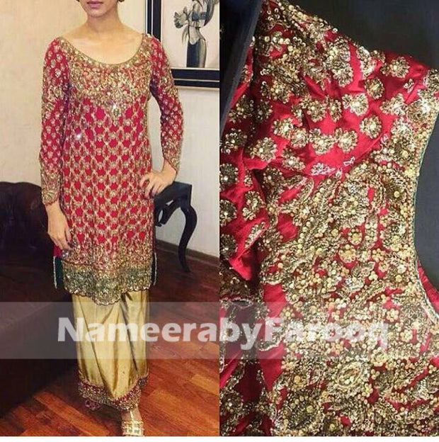 Classic Red Wedding Party Dress With Kundan Dabka Sitara Naqshe & Nugh Work