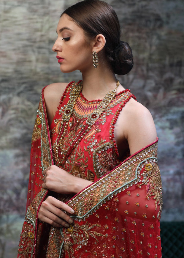 Red Pakistani Bridal Lehnga for Wedding Close Up