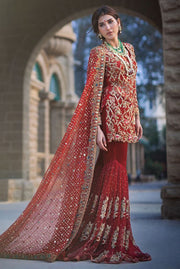 Elegant deep red ghaghra dress for bridal wear
