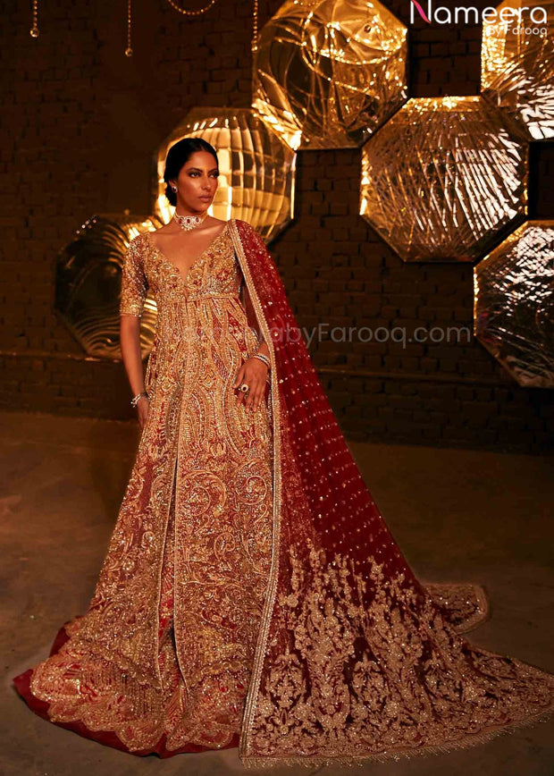red and golden bridal lehenga