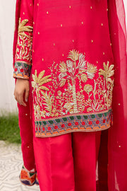 Reddish Pink Kameez Trouser and Dupatta Dress
