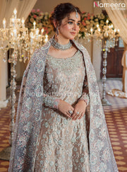 Rose Gold Pakistani Bridal Gown with Sharara in Brocade