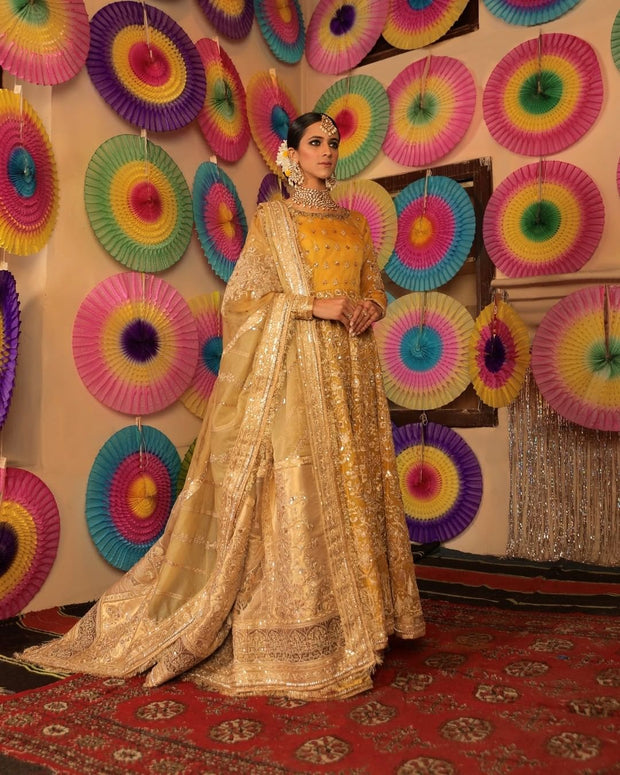 Royal Anarkali Frock Sharara Yellow Mehndi Bridal Dress