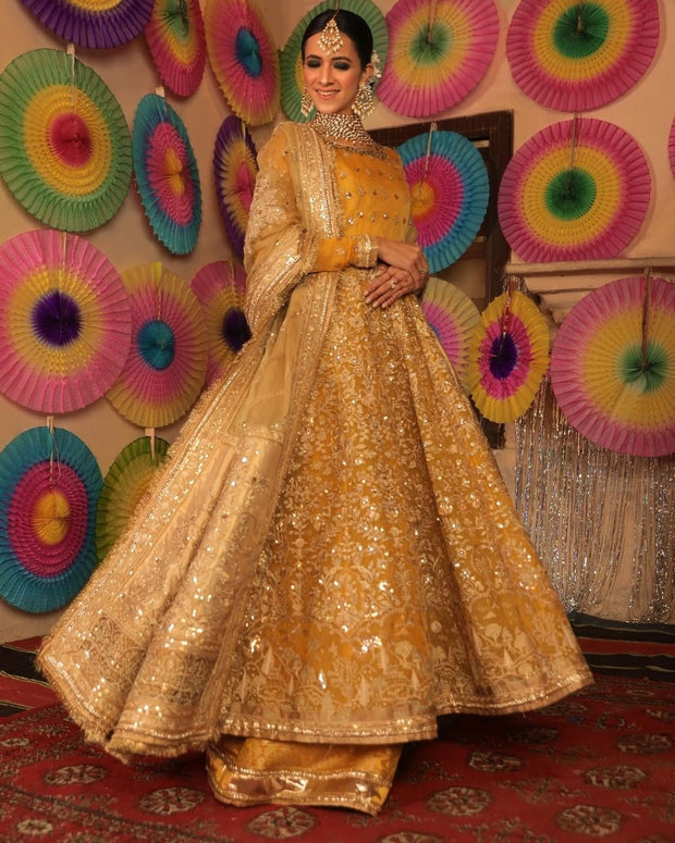 Royal Anarkali Frock Sharara Yellow Mehndi Dress Online