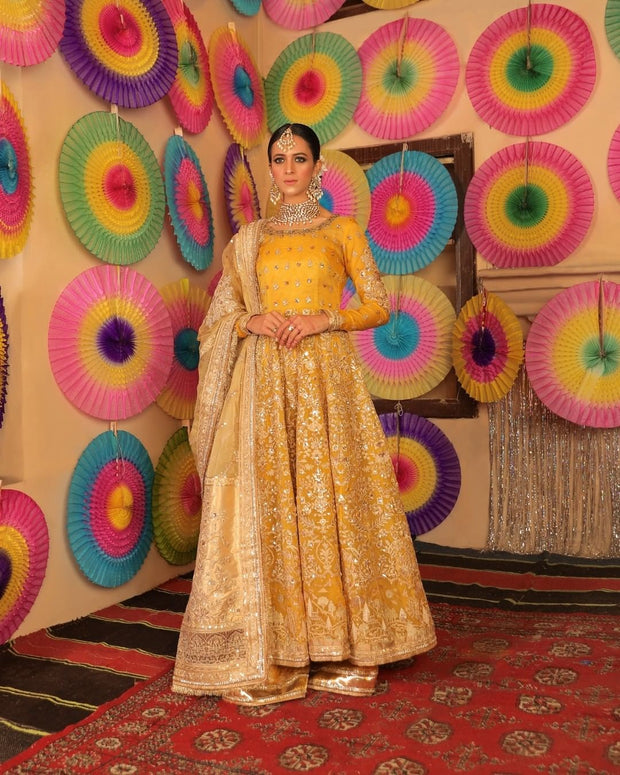 Royal Anarkali Frock Sharara Yellow Mehndi Dress
