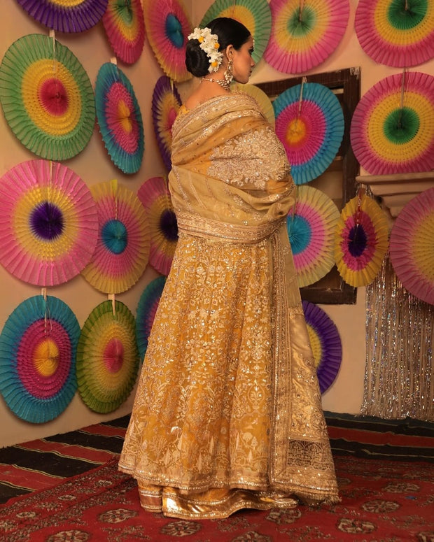 Royal Anarkali Frock Sharara Yellow Mehndi Pakistani Bridal Dress