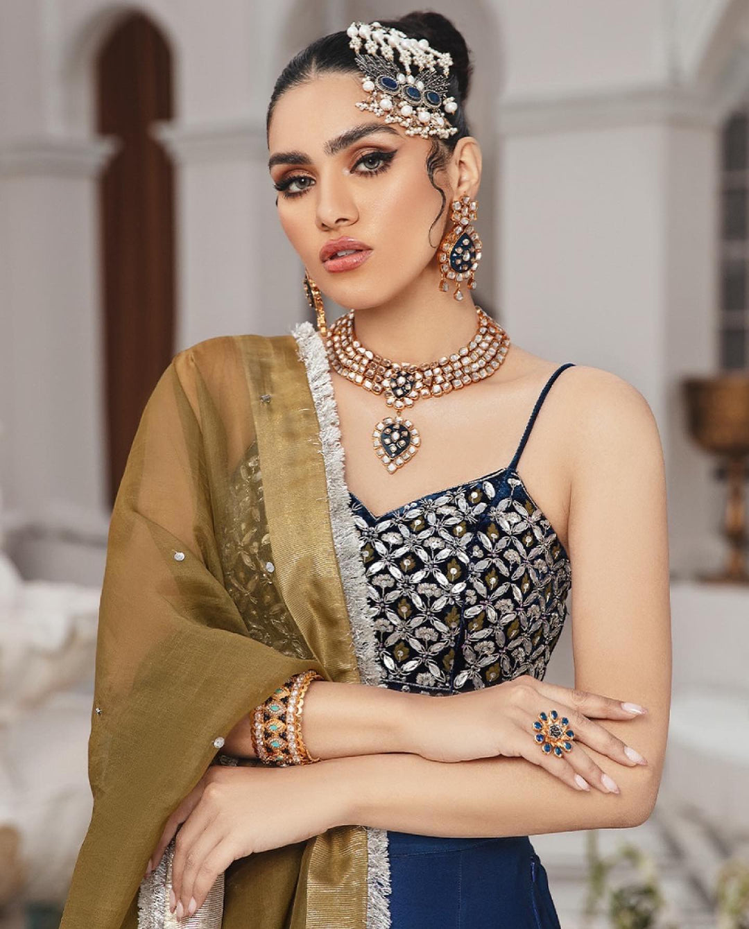 Elegant Blue Pakistani Bridal Lehenga with Choli & Dupatta