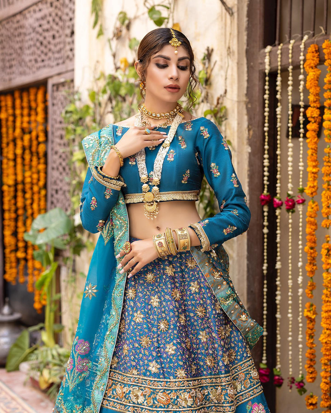 Elegant Blue Pakistani Bridal Lehenga with Dupatta