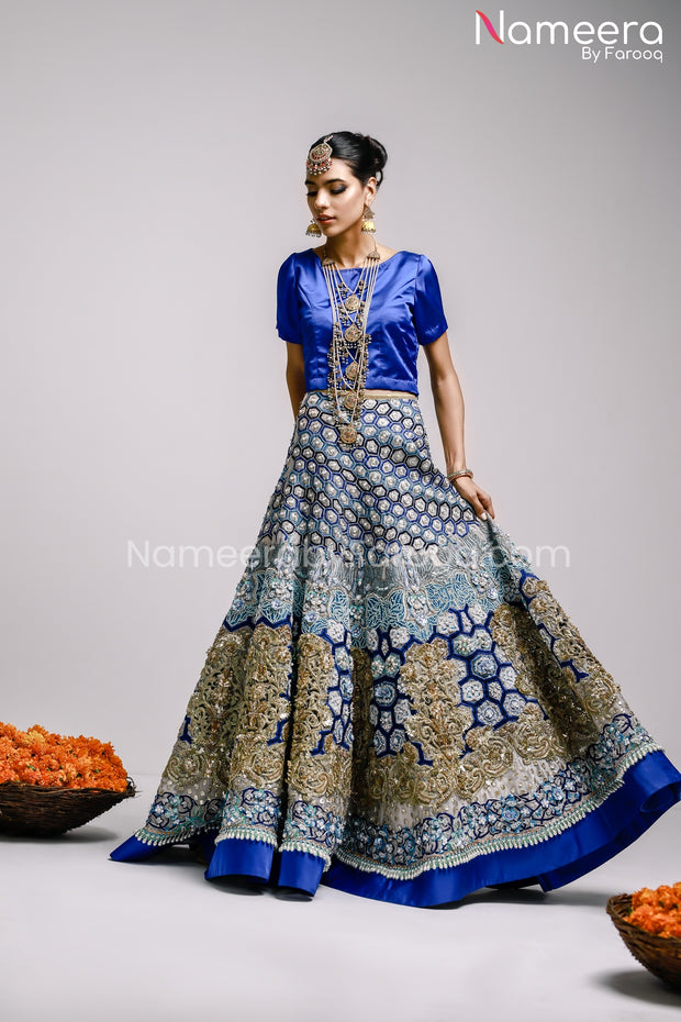 Latest Pakistani Mehndi Lehenga Dress in Royal Blue color – Nameera by ...