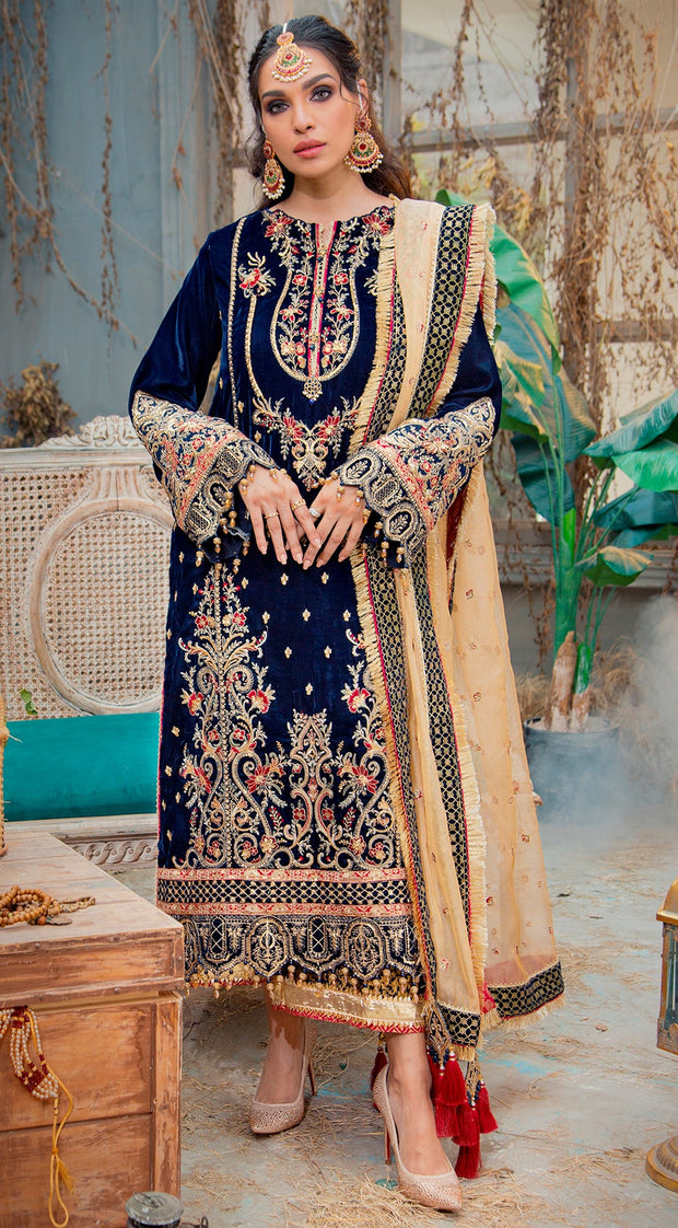 blue velvet pakistani dresses Blue Velvet Long Dress with Embroidered Neckline & Organza Dupatta | Pakistani Party Wedding Wear