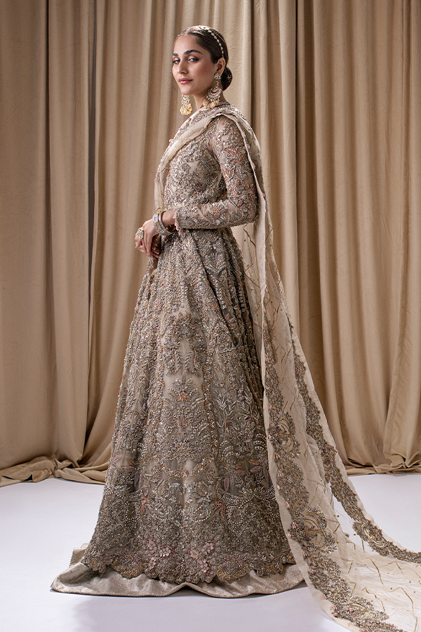 Elegant Pakistani Bridal Lehenga with Jamawar Gown