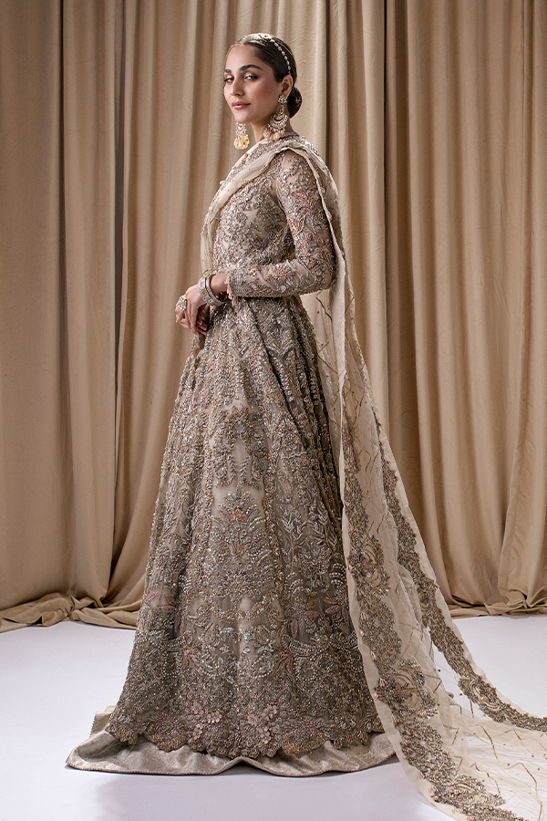Royal Bridal Lehenga in Jamawar with Front Open Ivory Pakistani Wedding Gown and Dupatta Dress