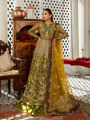 Royal Bridal Mehndi Dress in Pishwas Frock and Lehenga Style