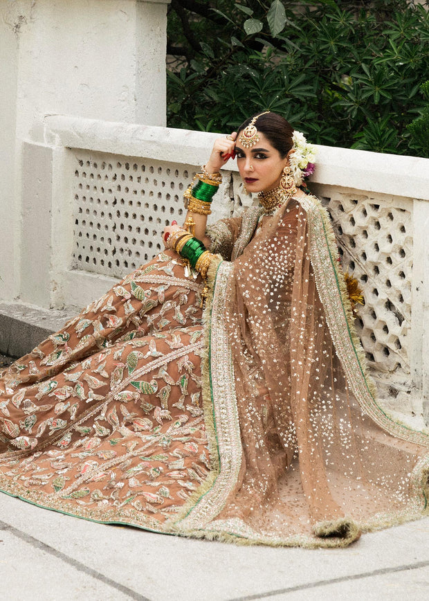 Royal Choli with Net Lehenga and Dupatta Pakistani Bridal Dress in Beige Gold Color